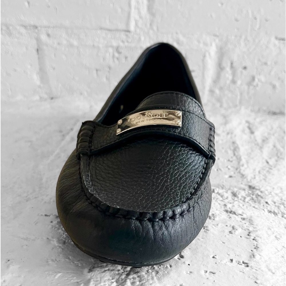 Coach Black Leather Moccasin Loafers with Silver Plaque